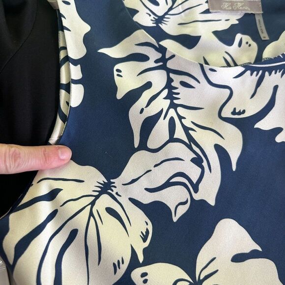Hilo Hattie Women's Medium Navy Blue White Silk Hawaiian Dress Leaf Print‎ Tank - Picture 11 of 11